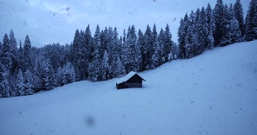 Snowy Winter Landscape with Cabin and Trees