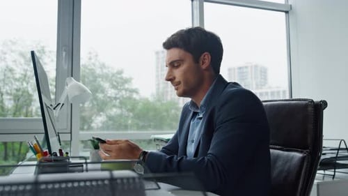 Nervous Manager Taking Call In Contemporary Glass Office. Handsome Employee Work Consulting Bank ...
