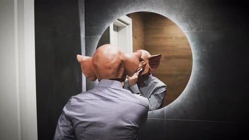 Man with Creepy Pig Mask Brushing Teeth in Bathroom Mirror