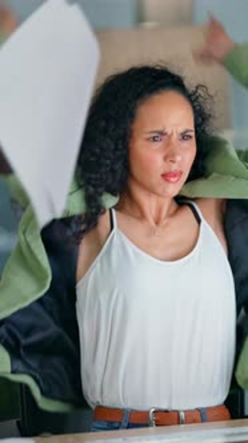 Frustrated, arms crossed and woman with computer, paper in air and reaction for stock market crash