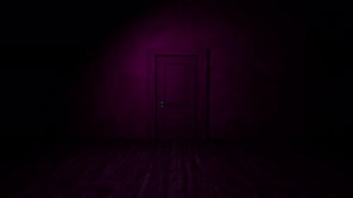 Glowing spheres pouring from a door in dark room