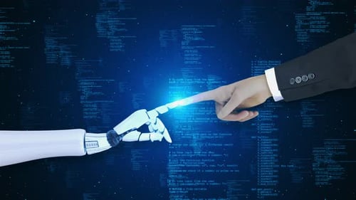 Concept of Artificial Intelligence Futuristic Technology Transformation Hand of Robot and Human