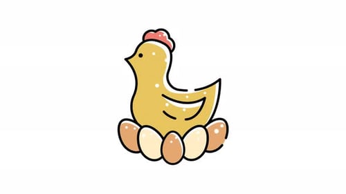 animation of Yellow chicken sitting on a nest of eggs.
