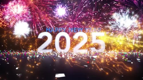 Happy New Year 2025 Title with Fireworks and Confetti