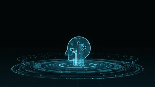 Blue digital Robot logo with particle ring circle rotation and ai technology icon on futuristic