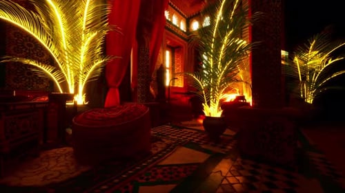 Warmly Lit Moroccan Interior with Glowing Palm Trees and Ornate Patterns