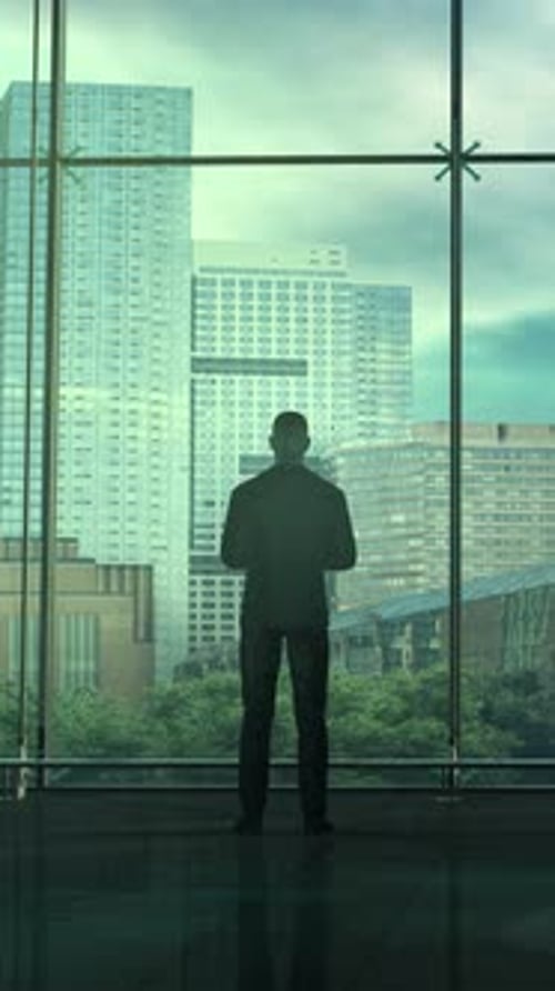 Corporate Businessman Silhouette Overlooking City Skyline from Office Window