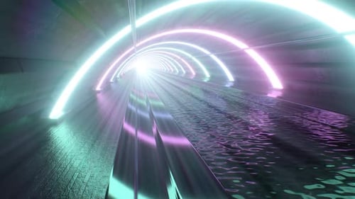 Dark Underground Neon Tunnel Arch Rings Glow Over Shimmering Water