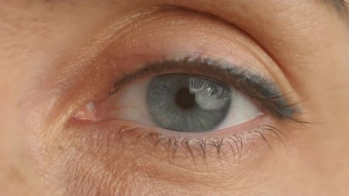 Opening Woman Left Eye Close Up Eyelids with Eyelashes and Facial Skin of Middle Aged Female