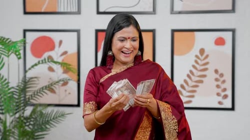 Woman Counting Money Indoors, Happiness and Wealth