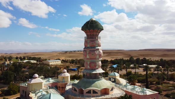 Neot Smadar Arts Center cooling tower under clear blue sky with Arava ...