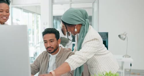 Learning, teamwork and computer with business people in office for strategy