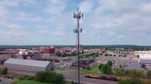 Aerial View of Communication Tower in Urban Setting