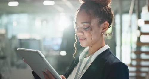 Tablet, online and business woman in office for research, website review and internet