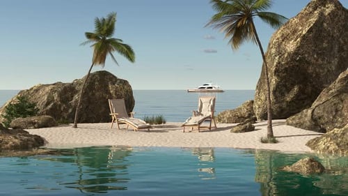 Summer landscape with a sun lounger and a yacht near the sea