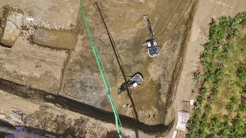 Aerial View Groundbreaking Work First Concrete and Heavy Machinery