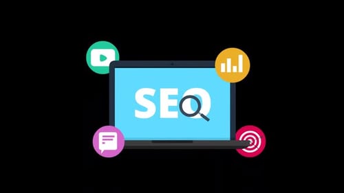 Flat Design Laptop Showing SEO with Animated Marketing Icons