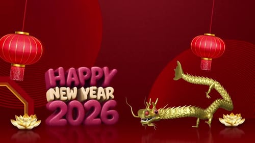 Happy New Year Celebration Title with Golden Dragon and Lanterns