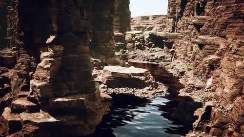 the River Flowing Through the Valley of Huge Red Rocks