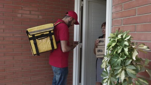 Delivery Person Hands Package to Senior Woman at Home
