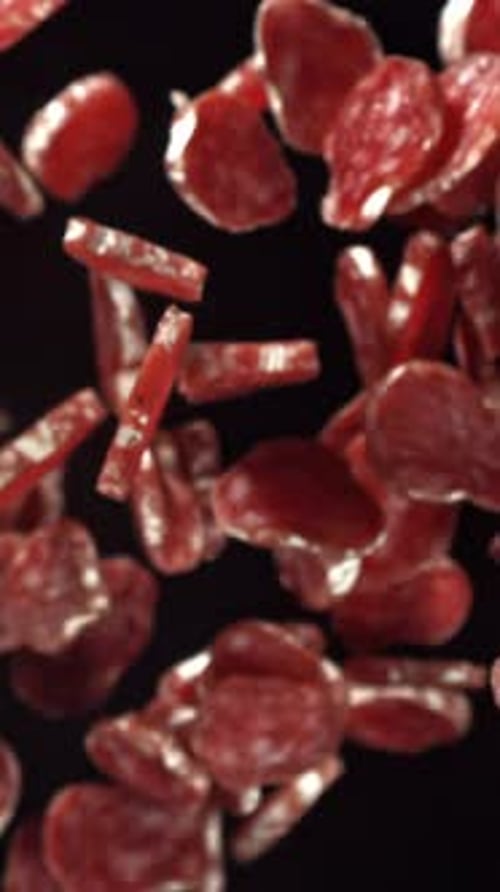 Sliced Salami Flies Up and Down Filmed on a Highspeed Camera at 1000 Fps
