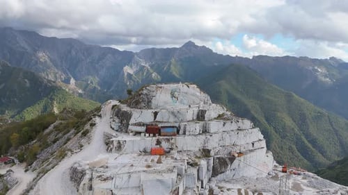 A marble quarry in the apuan alps with and cut stone blocks, aerial view