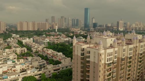 Aerial view of buildings and skyscrapers, India.