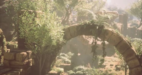 Exploration of Ancient Ruins Surrounded By Lush Greenery in Bright Sunlight