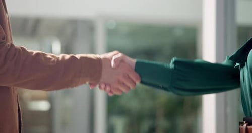 Business people, handshake and meeting with greeting for deal, agreement or teamwork at office