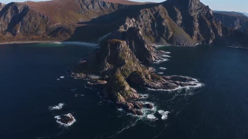 Aerial view of stunning coastal cliffs and island formations in Vestarelen, Norway