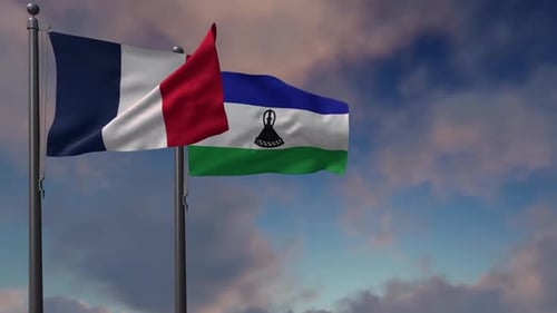 Lesotho Flag Waving Along With The National Flag Of The France - 2K