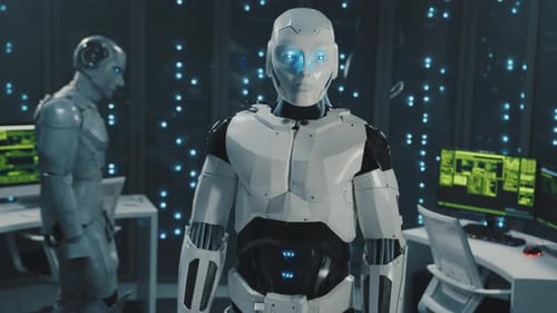 Portrait Automated Robot Cyborg Worker Standing in Hightech Digital Office of Data Center Robots in