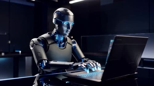 AI Robot Typing Code on Laptop in High Tech Environment