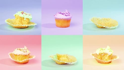 4k video footage of a variety of cupcakes against a studio background