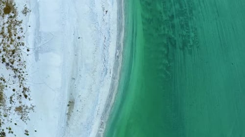 Turquoise shoreline meeting clear coastal water — aerial perspective