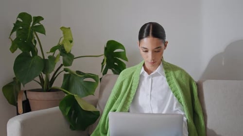 Serious Woman Texting Computer at Sofa Close Up Student Girl Learning Remotely