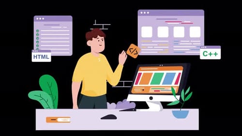 Person working on a computer with coding elements in the background