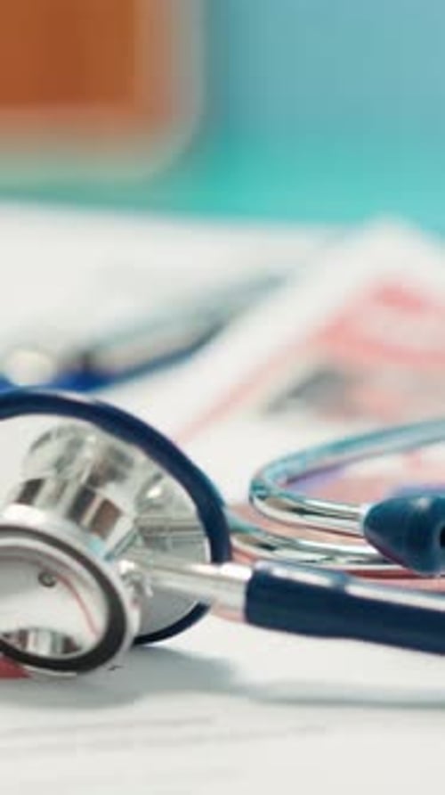 Stethoscope and Medical Documents on Table Close Up