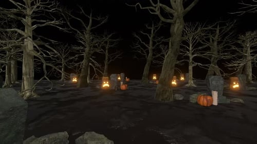Dark Halloween Night: Spooky Forest with Glowing Jack-O'-Lanterns and Gravestones