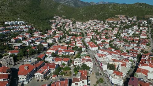 Ascending Aerial View Over Coastal Town of Datca Turkey
