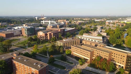 Massive building complex of Michigan state university, aerial drone view