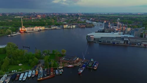 Aerial View of Windmills at Famous Tourist Site Zaanse Schans in Holland on Sunset Zaandam
