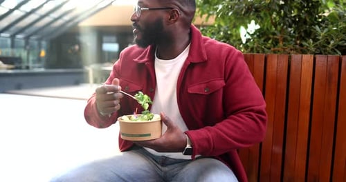 Young african american man sitting on a wooden bench outdoors and eating a fresh green salad from a