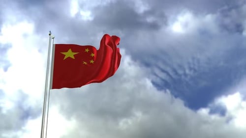 Realistic Chinese Flag Waving Against Cloudy Sky