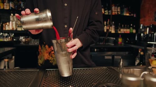 Young Bartender Doing a Cocktail Bloody Mary with Shaker in the Bar Man Making Red Alcohol Cocktail