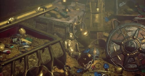 Panning Over Golden Treasure Chest with Ancient Artifacts