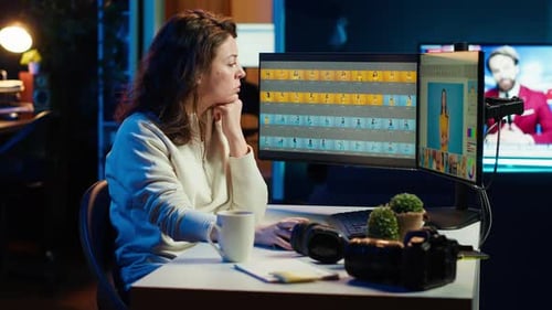 Woman Edits Video Content on Computer Workstation