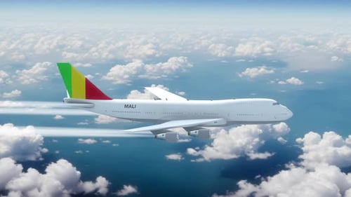Commercial Airliner Passanger Plane Jumbo Jet Flying Over Clouds With Country Flag Mali