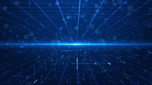 Futuristische blaue Partikel, funkelnde Welle, tiefer abstrakter Bühnenhintergrund, Digitales Cyberspace-Partikel