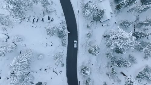 Aerial View of SnowCovered Forest with Road Car and Wintertime Scenery